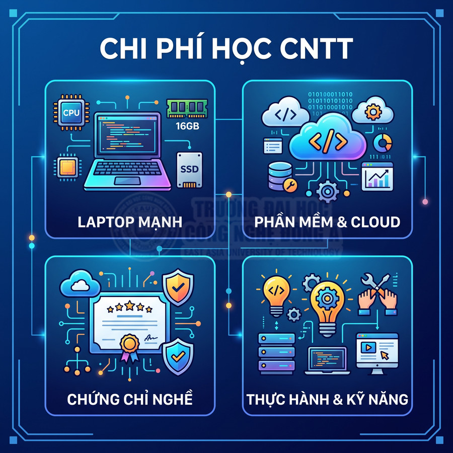 Chi phí học CNTT với laptop mạnh, phần mềm cloud, chứng chỉ nghề và thực hành kỹ năng lập trình