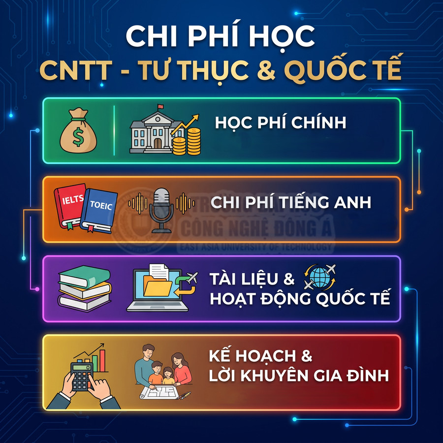 Chi phí học CNTT tư thục và quốc tế gồm học phí chính, tiếng Anh, tài liệu, hoạt động quốc tế và kế hoạch gia đình