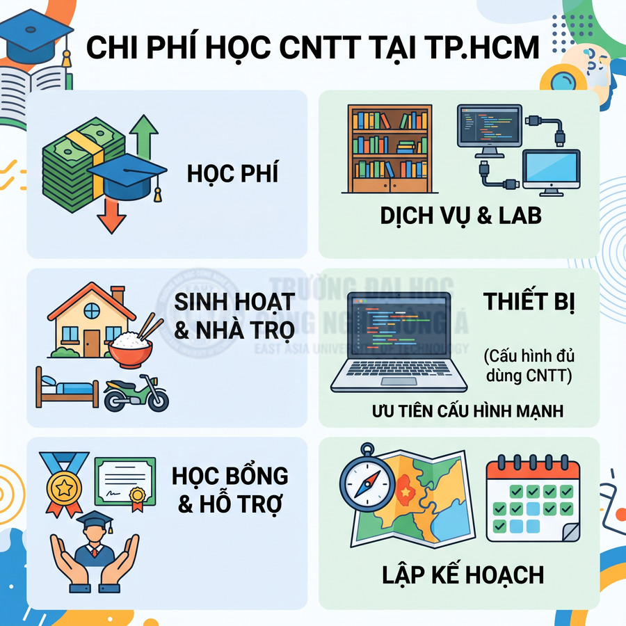Chi phí học ngành CNTT tại TP.HCM gồm học phí, dịch vụ lab, sinh hoạt, thiết bị, học bổng và lập kế hoạch