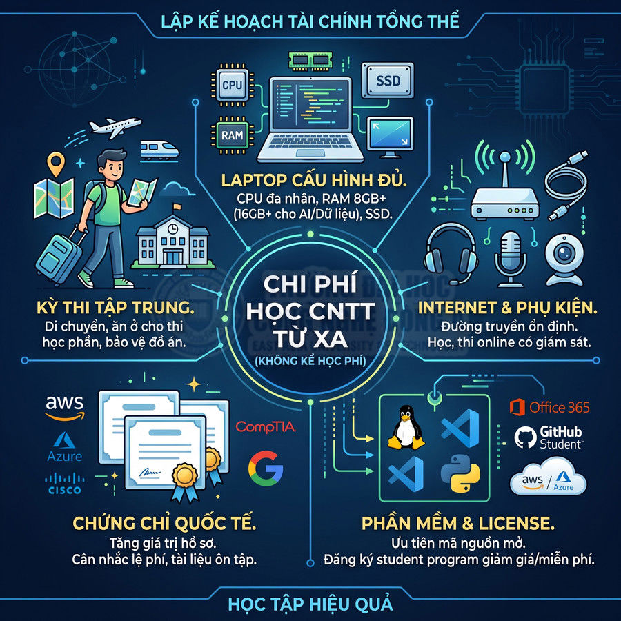 Infographic chi phí học CNTT từ xa với laptop, internet, phần mềm, chứng chỉ quốc tế và kỳ thi tập trung