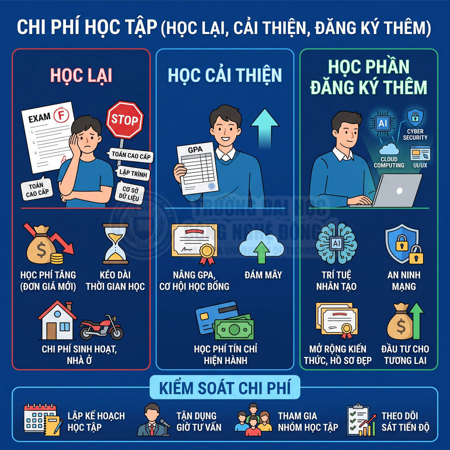 Infographic chi phí học tập gồm học lại, học cải thiện, học phần đăng ký thêm và cách kiểm soát chi phí