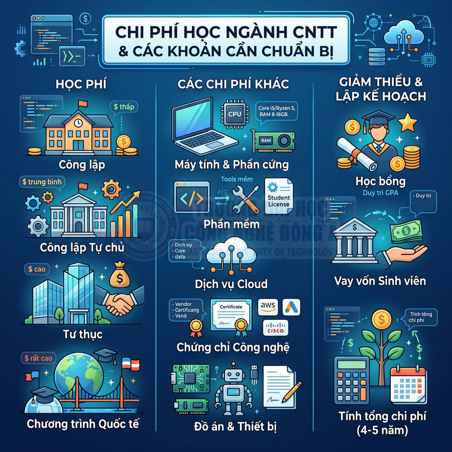 Infographic chi phí học ngành công nghệ thông tin, gồm học phí, máy tính, phần mềm, cloud, chứng chỉ và học bổng
