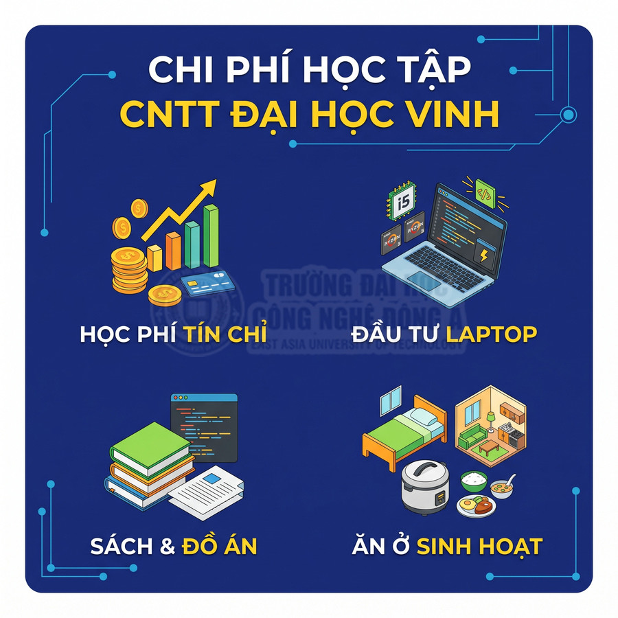 Chi phí học tập ngành CNTT Đại học Vinh gồm học phí tín chỉ, laptop, sách đồ án và ăn ở sinh hoạt