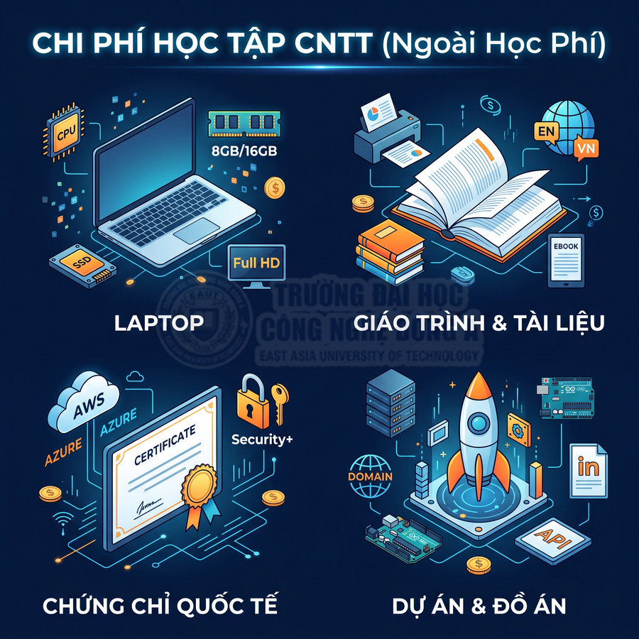 Minh họa chi phí học CNTT với laptop, giáo trình tài liệu, chứng chỉ quốc tế và dự án đồ án kỹ thuật số
