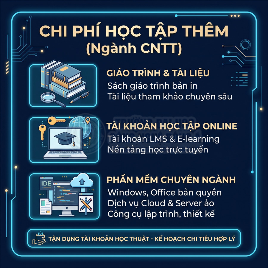 Chi phí học tập thêm ngành CNTT gồm giáo trình tài liệu, tài khoản học online và phần mềm chuyên ngành
