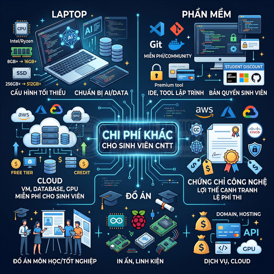 Chi phí khác cho sinh viên CNTT gồm laptop, phần mềm, cloud, chứng chỉ công nghệ, đồ án và dịch vụ cloud