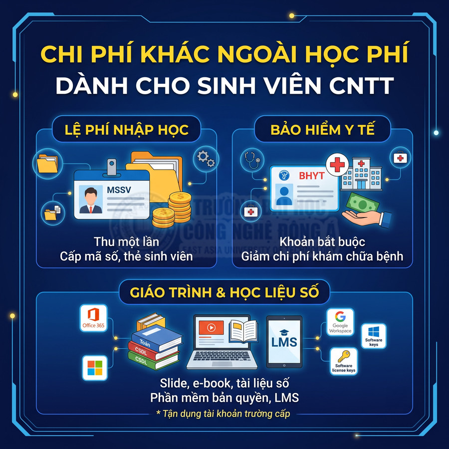 Chi phí ngoài học phí cho sinh viên CNTT gồm lệ phí nhập học, bảo hiểm y tế, giáo trình và học liệu số