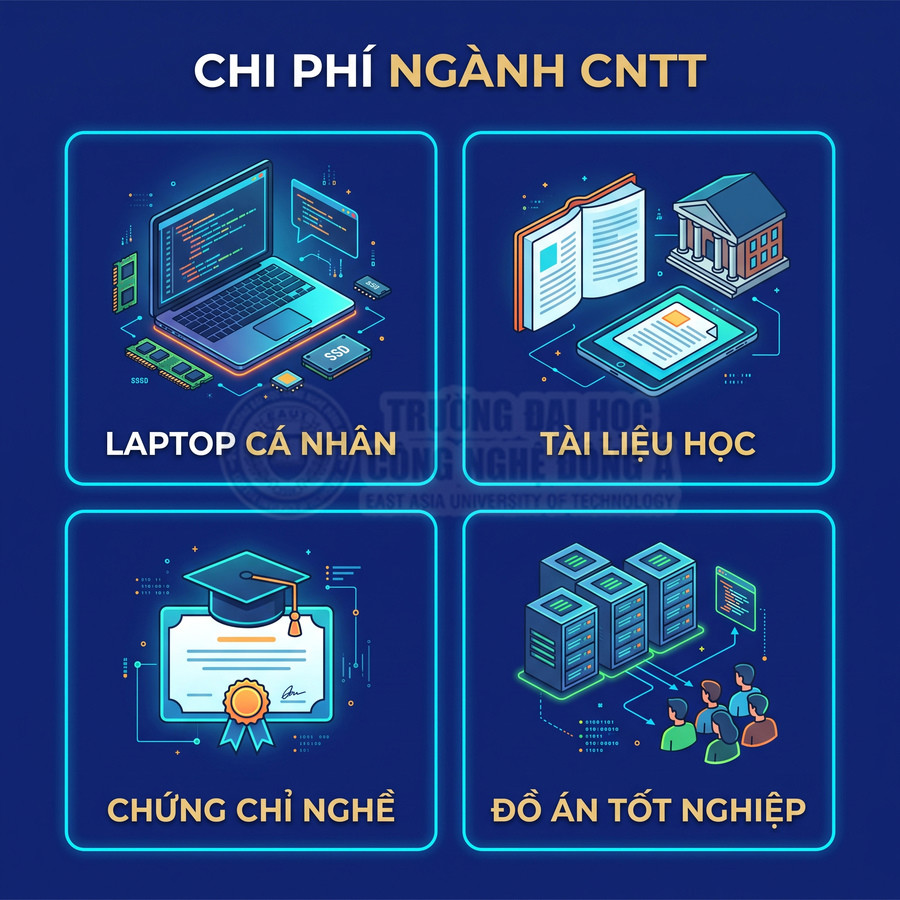 Minh họa chi phí ngành CNTT với laptop cá nhân, tài liệu học, chứng chỉ nghề và đồ án tốt nghiệp