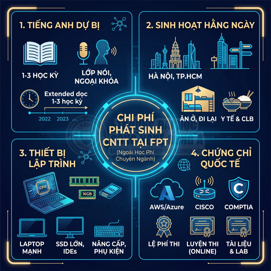 Infographic chi phí phát sinh ngành CNTT tại FPT gồm tiếng Anh dự bị, sinh hoạt, thiết bị lập trình và chứng chỉ quốc tế
