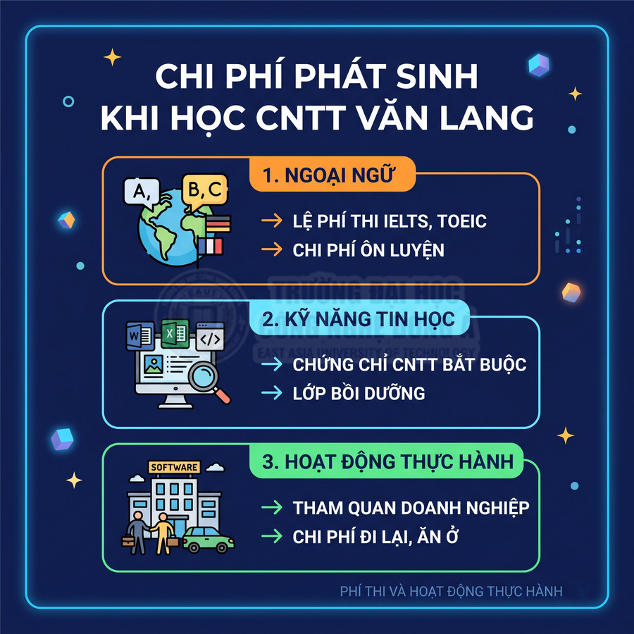 Infographic chi phí phát sinh khi học CNTT Văn Lang gồm ngoại ngữ, kỹ năng tin học và hoạt động thực hành