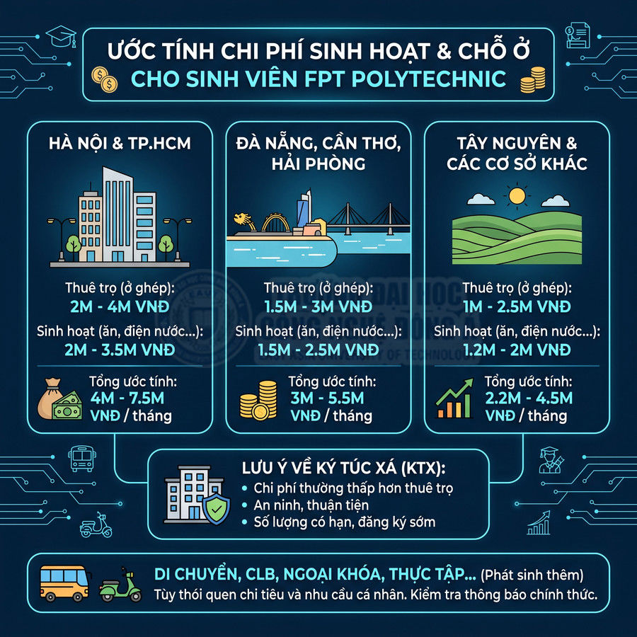 Infographic ước tính chi phí sinh hoạt và chỗ ở cho sinh viên FPT Polytechnic tại các khu vực Việt Nam