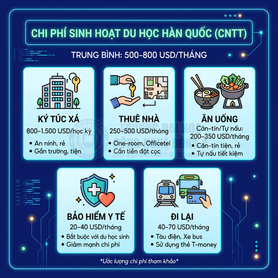 Infographic chi phí sinh hoạt du học Hàn Quốc ngành CNTT gồm ký túc xá, thuê nhà, ăn uống, bảo hiểm y tế và đi lại