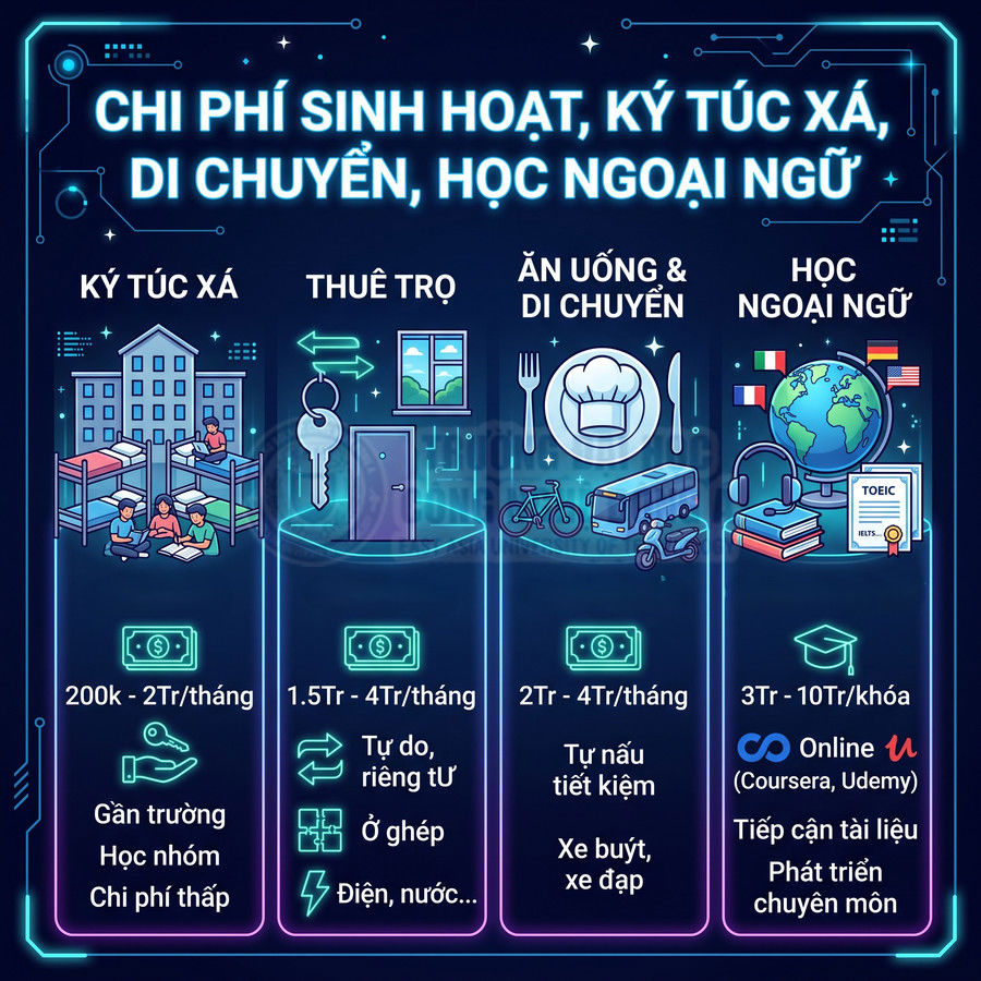 Infographic chi phí sinh hoạt sinh viên gồm ký túc xá, thuê trọ, ăn uống di chuyển và học ngoại ngữ