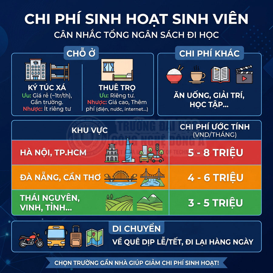 Infographic chi phí sinh hoạt sinh viên theo khu vực, chỗ ở, ăn uống, giải trí, học tập và di chuyển