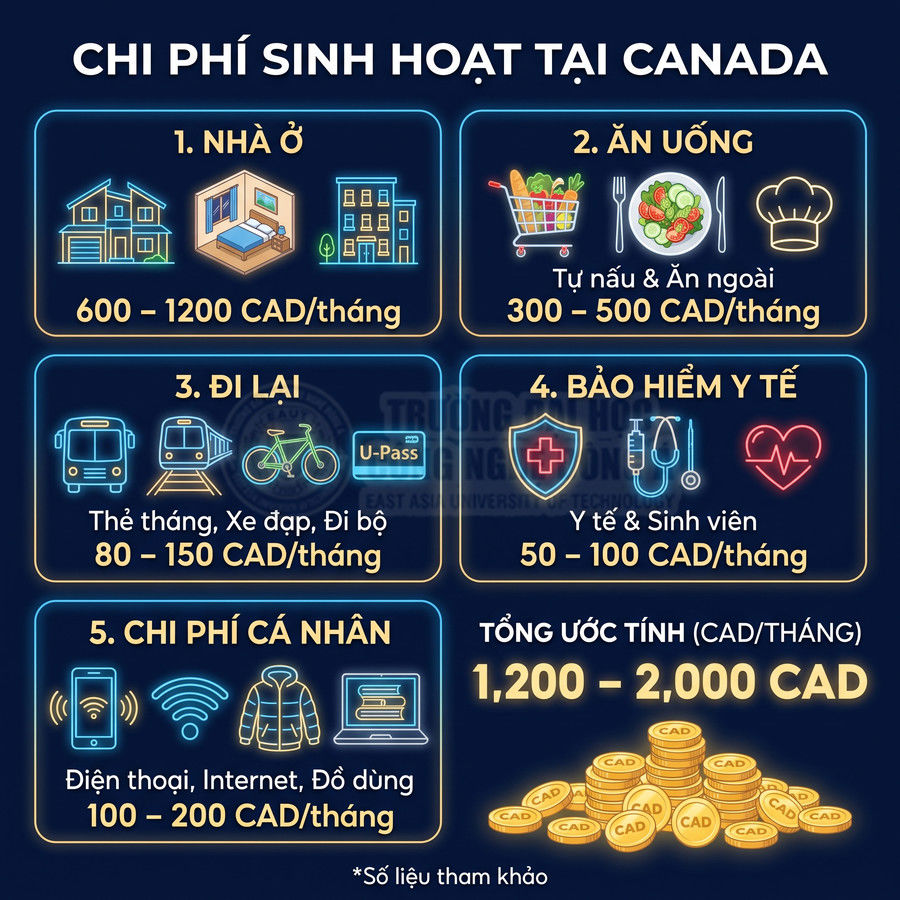 Infographic chi phí sinh hoạt tại Canada theo tháng cho nhà ở, ăn uống, đi lại, bảo hiểm y tế và chi phí cá nhân