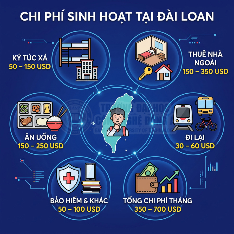 Infographic chi phí sinh hoạt du học Đài Loan theo tháng gồm ký túc xá, thuê nhà, ăn uống, đi lại, bảo hiểm