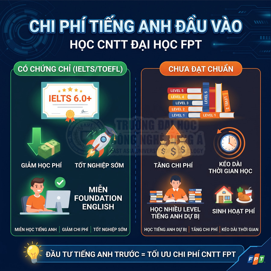 Infographic chi phí tiếng Anh đầu vào khi học CNTT tại Đại học FPT, so sánh có và chưa có chứng chỉ IELTS