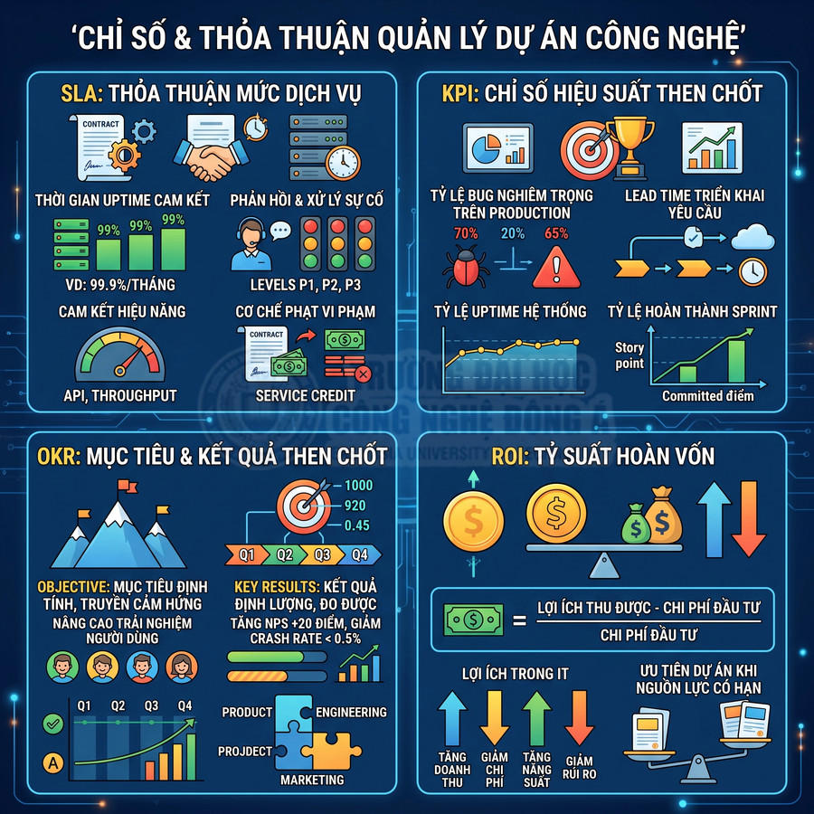 Infographic chỉ số SLA KPI OKR ROI trong quản lý dự án công nghệ với biểu đồ và icon minh họa