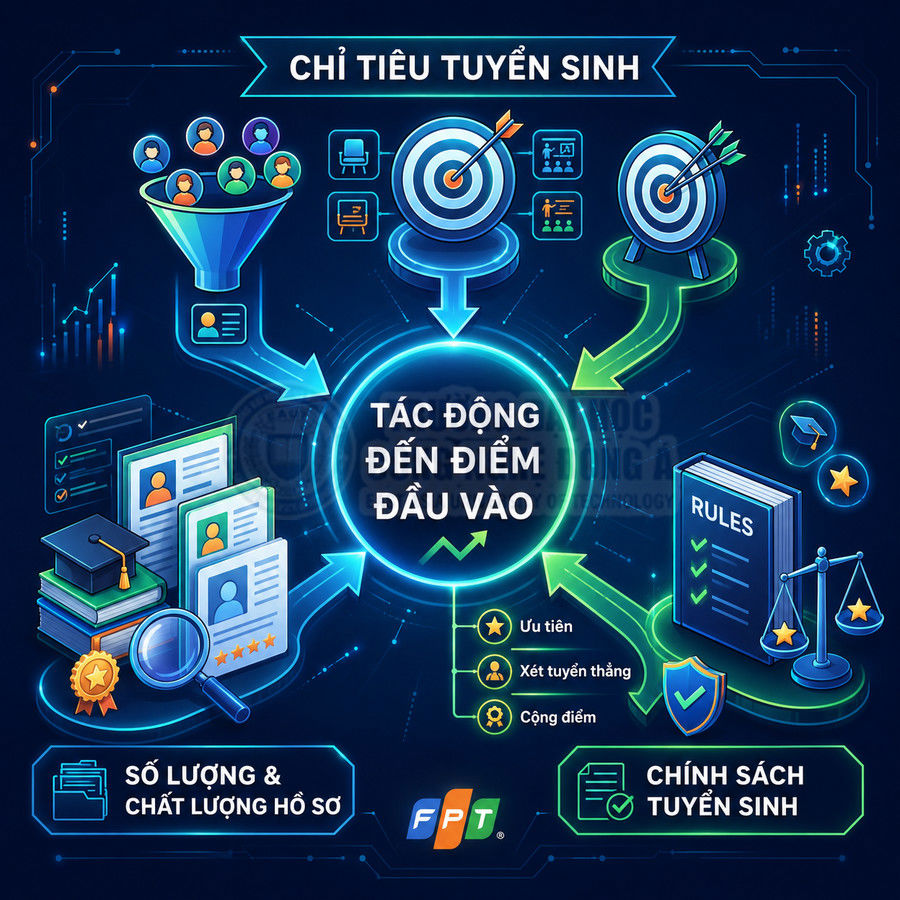 Infographic FPT mô tả các yếu tố chỉ tiêu tuyển sinh, hồ sơ và chính sách tác động đến điểm đầu vào