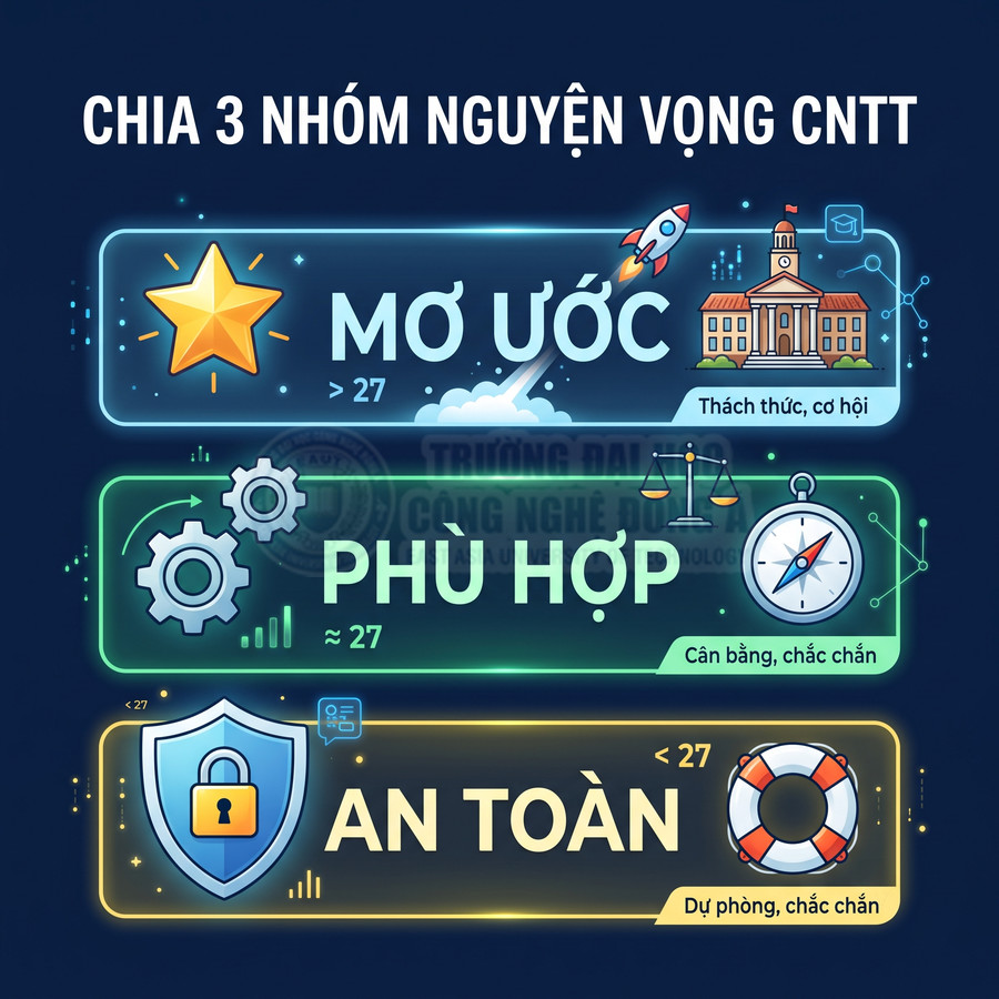 Infographic chia 3 nhóm nguyện vọng CNTT: Mơ ước, Phù hợp, An toàn với biểu tượng sao, bánh răng, khiên khóa