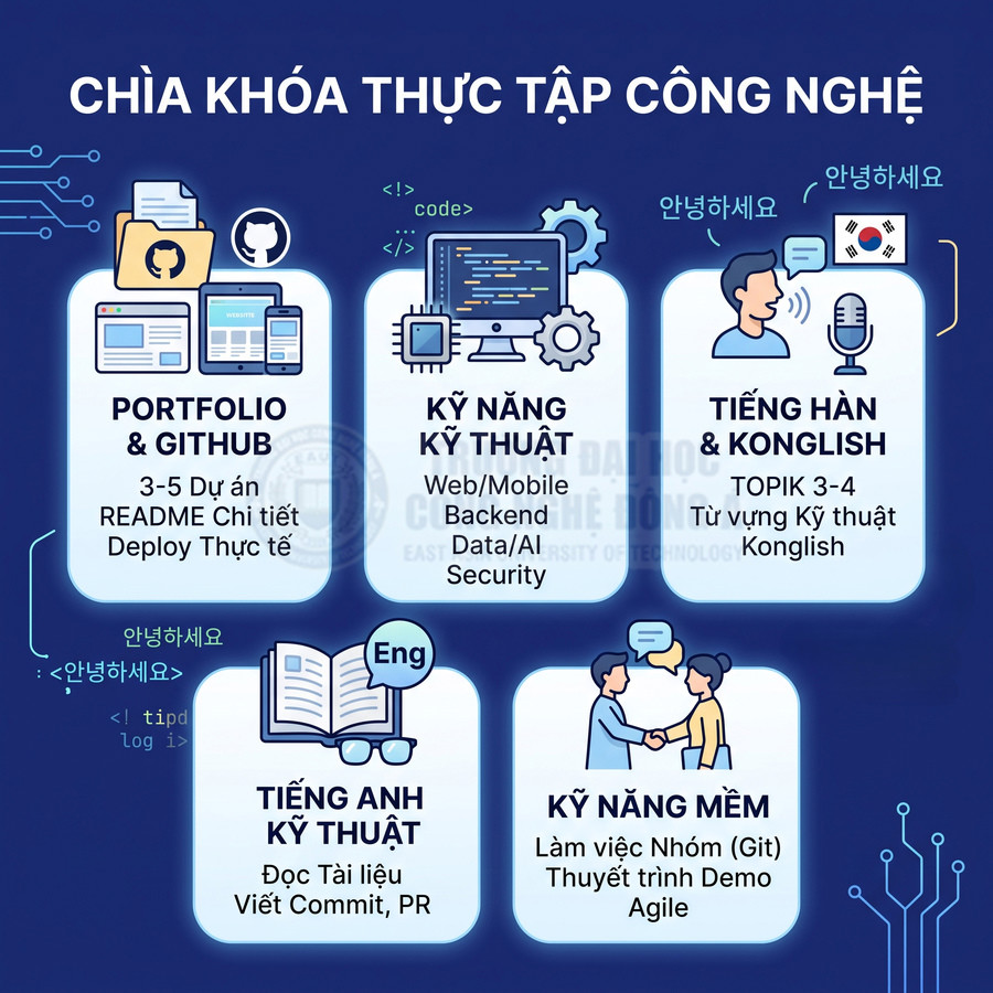 Infographic chìa khóa thực tập công nghệ với portfolio GitHub, kỹ năng kỹ thuật, tiếng Hàn, tiếng Anh và kỹ năng mềm