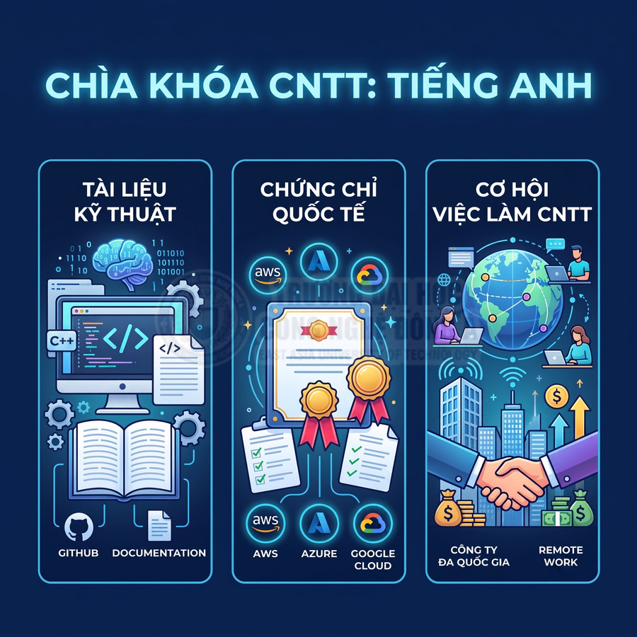 Tiếng Anh cho ngành CNTT mở ra tài liệu kỹ thuật, chứng chỉ quốc tế AWS Azure Google Cloud và cơ hội việc làm