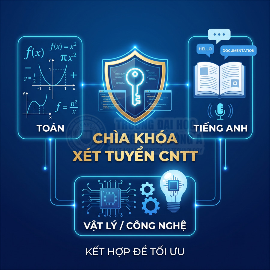 Poster tuyển sinh CNTT với các môn Toán, Tiếng Anh, Vật lý Công nghệ là chìa khóa xét tuyển