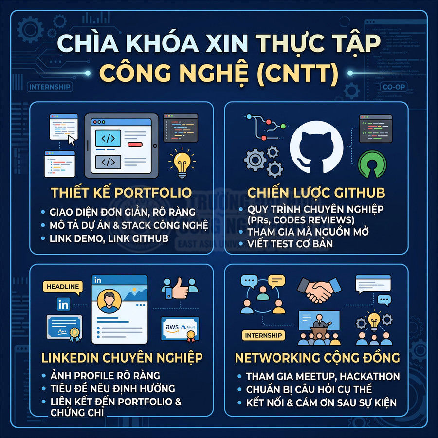 Infographic chia sẻ bí quyết xin thực tập công nghệ thông tin với portfolio, GitHub, LinkedIn và networking cộng đồng