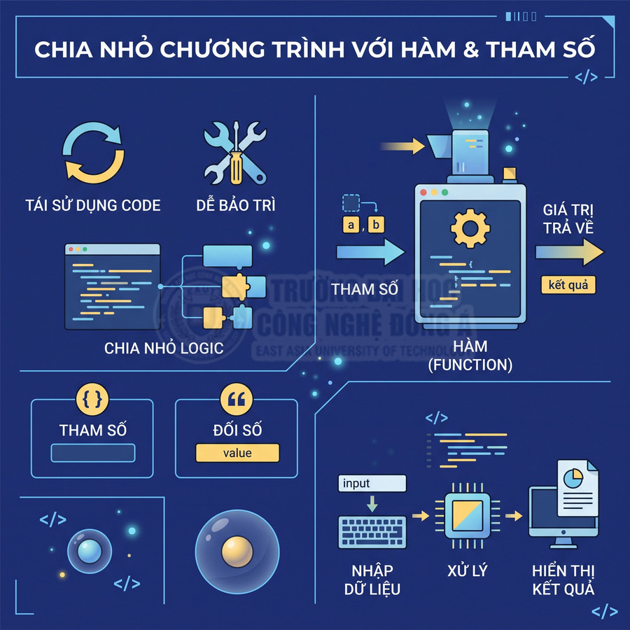 Minh họa chia nhỏ chương trình với hàm và tham số, mô tả tái sử dụng code và xử lý dữ liệu trong lập trình