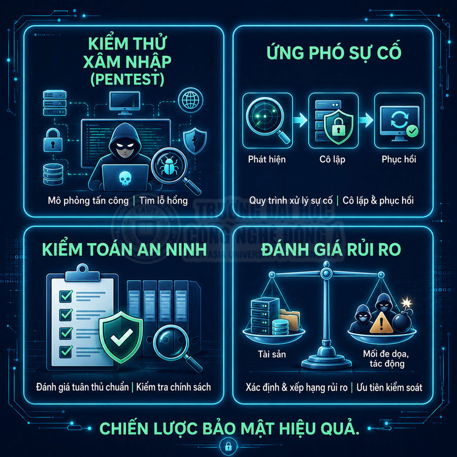 Chiến lược bảo mật hiệu quả với kiểm thử xâm nhập, ứng phó sự cố, kiểm toán an ninh và đánh giá rủi ro