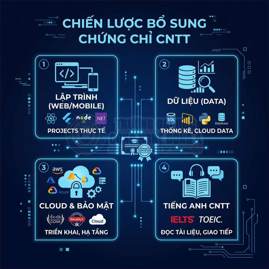 Chiến lược bổ sung chứng chỉ CNTT với lộ trình lập trình, dữ liệu, cloud bảo mật và tiếng Anh CNTT