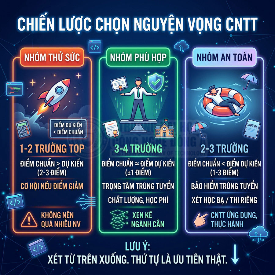 Chiến lược chọn nguyện vọng ngành CNTT với ba nhóm trường: thử sức, phù hợp và an toàn