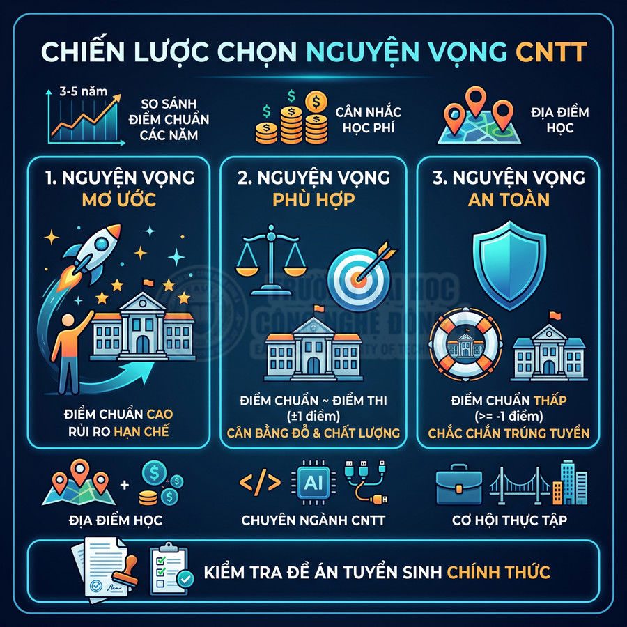 Chiến lược chọn nguyện vọng ngành CNTT với ba nhóm trường mơ ước phù hợp và an toàn