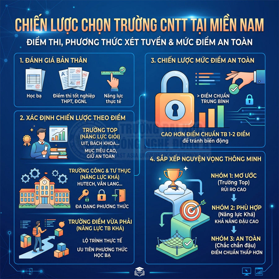 Chiến lược chọn trường CNTT tại miền Nam với các bước đánh giá bản thân, xác định điểm, mức an toàn và sắp xếp nguyện vọng