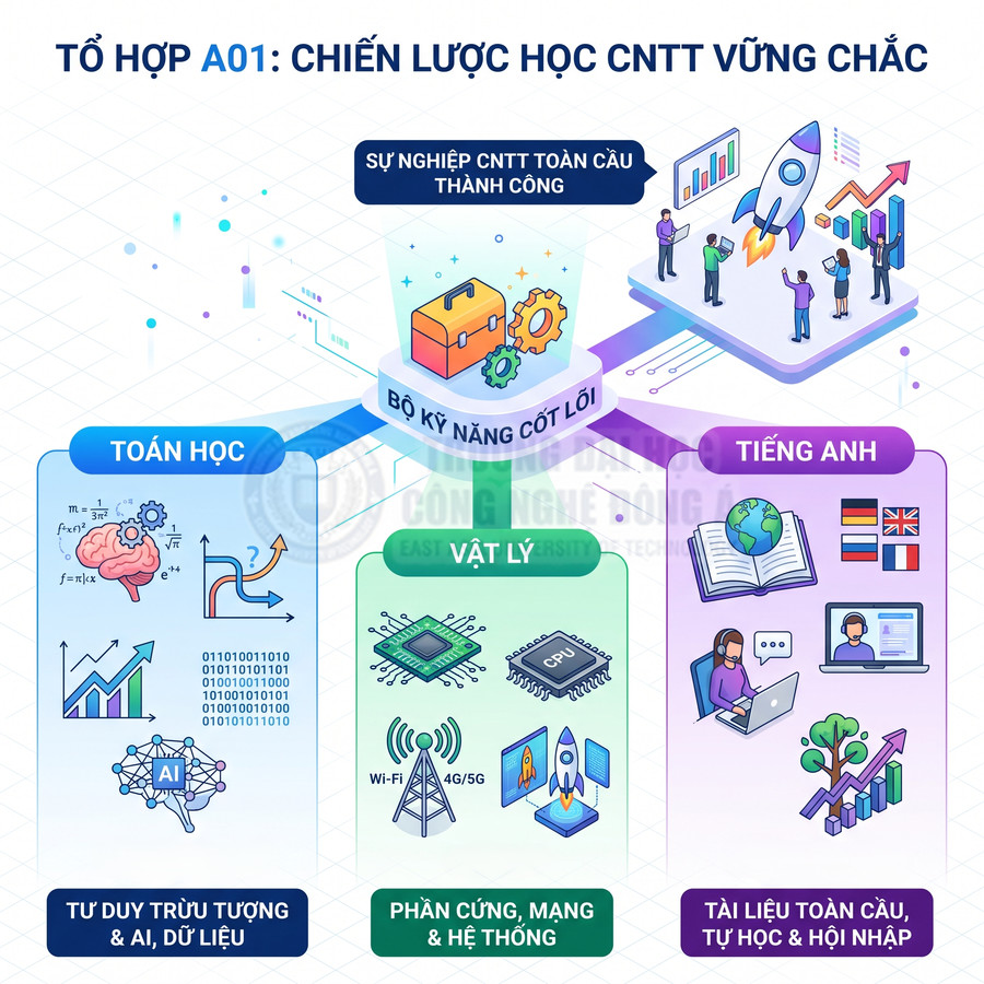 Infographic tổ hợp A01 với toán, lý, tiếng Anh làm nền tảng kỹ năng cốt lõi cho sự nghiệp CNTT toàn cầu
