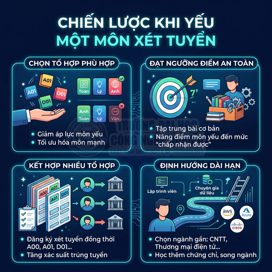 Infographic chiến lược xét tuyển đại học khi yếu một môn với các bước chọn tổ hợp, đạt điểm an toàn, kết hợp tổ hợp, định hướng dài hạn