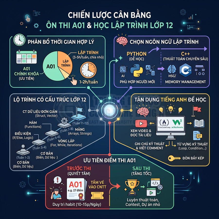 Infographic chiến lược cân bằng ôn thi A01 và học lập trình lớp 12 với lộ trình, thời gian và ưu tiên điểm thi