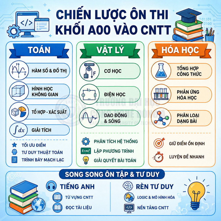 Chiến lược ôn thi khối A00 vào CNTT với các chuyên đề Toán Lý Hóa tiếng Anh và rèn tư duy