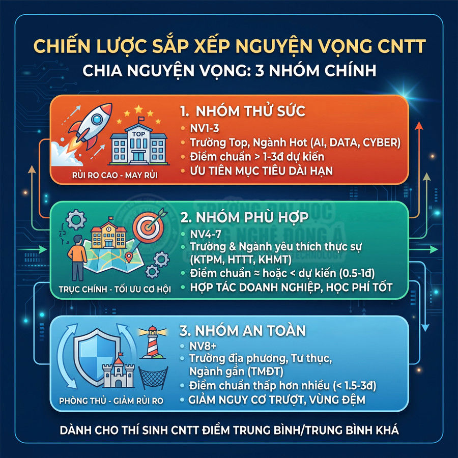 Chiến lược sắp xếp nguyện vọng CNTT với 3 nhóm trường: thử sức, phù hợp và an toàn cho thí sinh