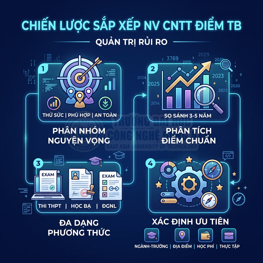 Infographic chiến lược sắp xếp nguyện vọng CNTT điểm trung bình với 4 bước quản trị rủi ro tuyển sinh