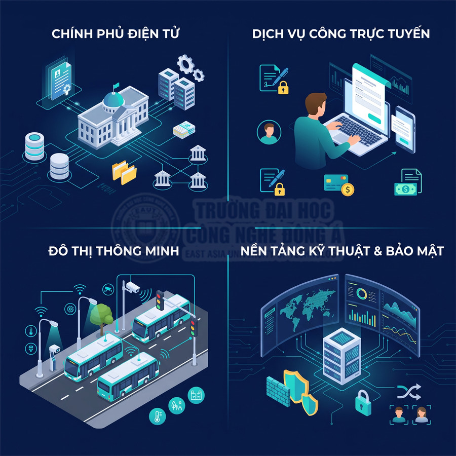 Minh họa giải pháp chính phủ điện tử, dịch vụ công trực tuyến, đô thị thông minh và nền tảng kỹ thuật bảo mật