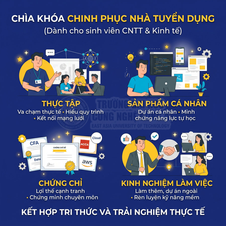 Infographic chìa khóa chinh phục nhà tuyển dụng cho sinh viên CNTT và kinh tế với thực tập, dự án cá nhân, chứng chỉ và kinh nghiệm làm việc