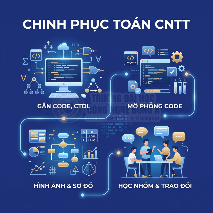 Poster học toán CNTT với minh họa lập trình, mô phỏng code, hình ảnh sơ đồ và nhóm sinh viên thảo luận