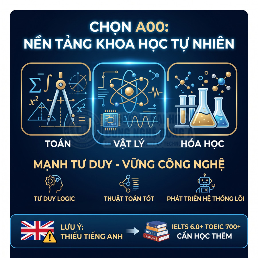 Infographic giới thiệu tổ hợp A00 với các môn toán vật lý hóa học và lưu ý cần học thêm tiếng Anh