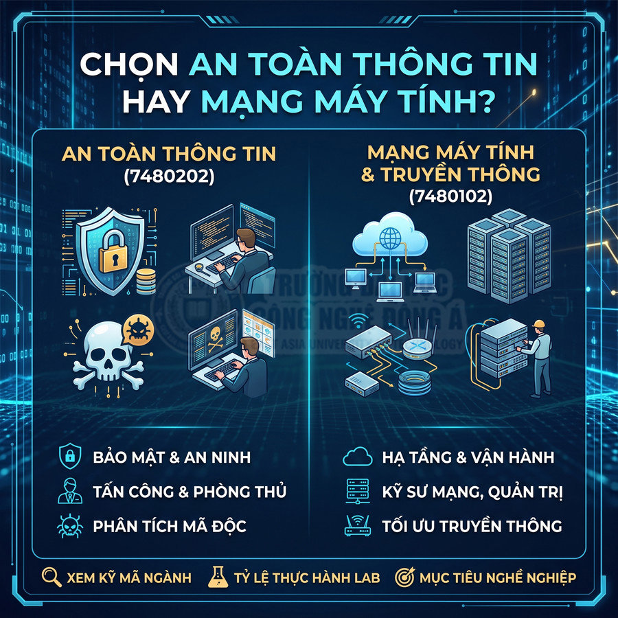 Poster so sánh ngành an toàn thông tin và ngành mạng máy tính truyền thông với các biểu tượng bảo mật và hạ tầng mạng