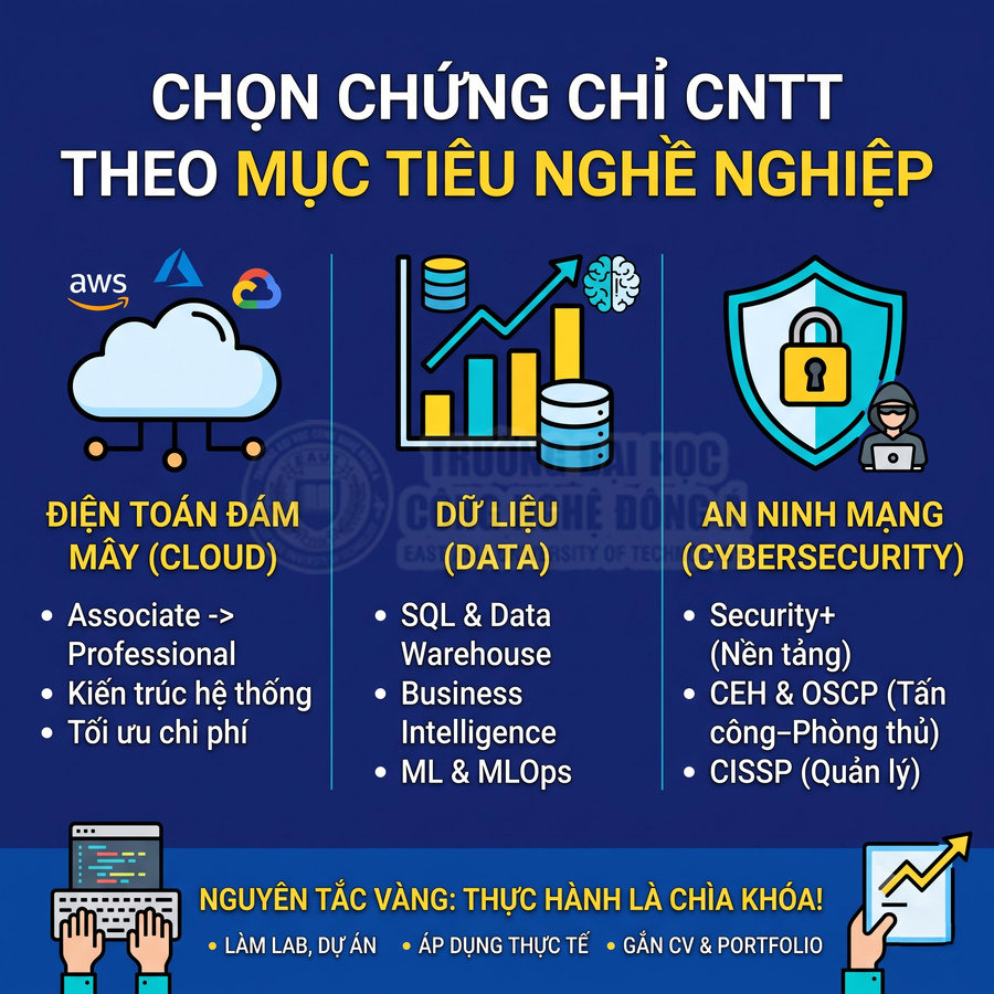 Poster hướng dẫn chọn chứng chỉ CNTT theo mục tiêu nghề nghiệp cloud dữ liệu an ninh mạng và nguyên tắc thực hành