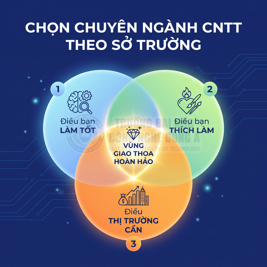 Sơ đồ chọn chuyên ngành CNTT theo sở trường với ba vòng tròn giao nhau và vùng giao thoa hoàn hảo