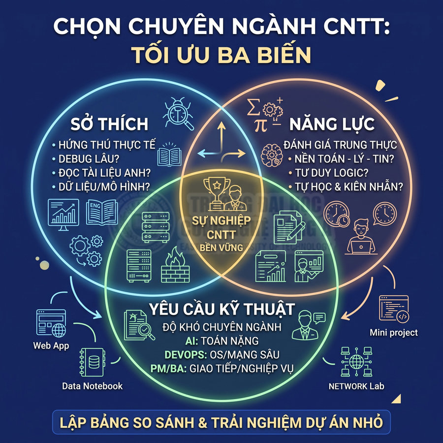 Sơ đồ chọn chuyên ngành CNTT với ba yếu tố sở thích, năng lực và yêu cầu kỹ thuật để xây dựng sự nghiệp bền vững