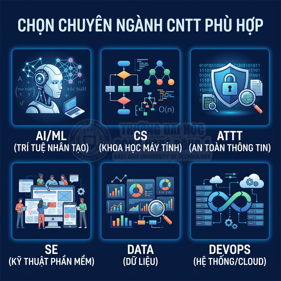Chọn chuyên ngành CNTT phù hợp với các lĩnh vực AI ML, khoa học máy tính, an toàn thông tin, phần mềm, dữ liệu, DevOps