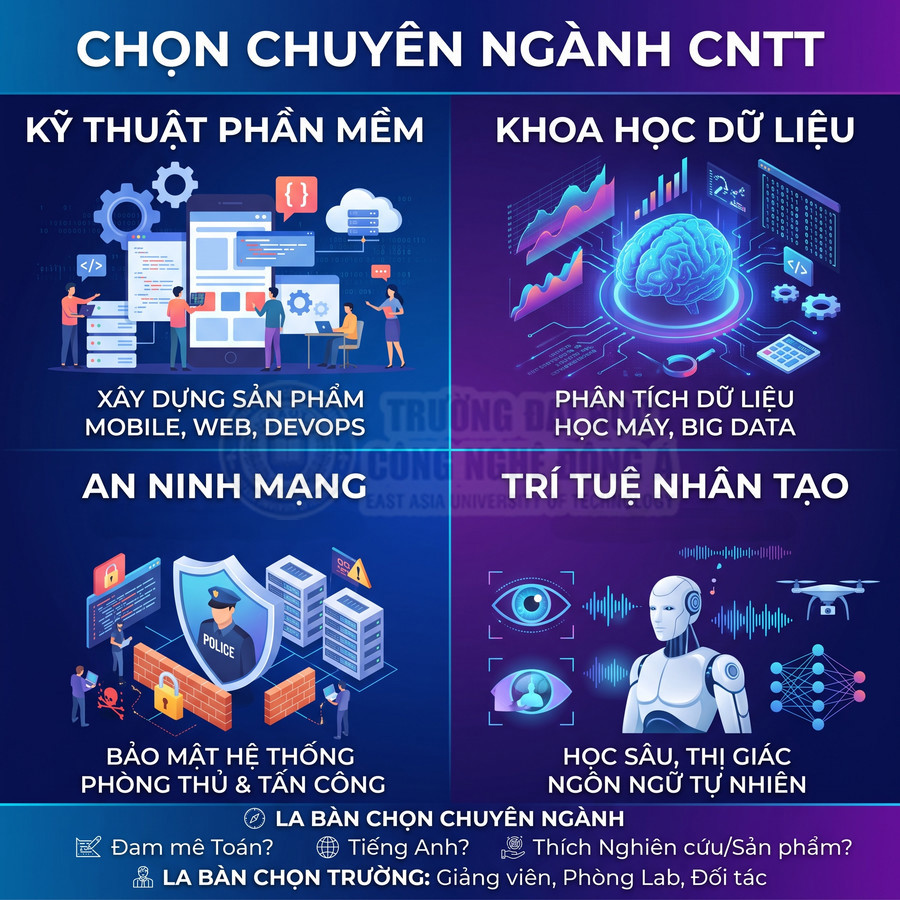 Poster giới thiệu các chuyên ngành CNTT gồm kỹ thuật phần mềm, khoa học dữ liệu, an ninh mạng, trí tuệ nhân tạo
